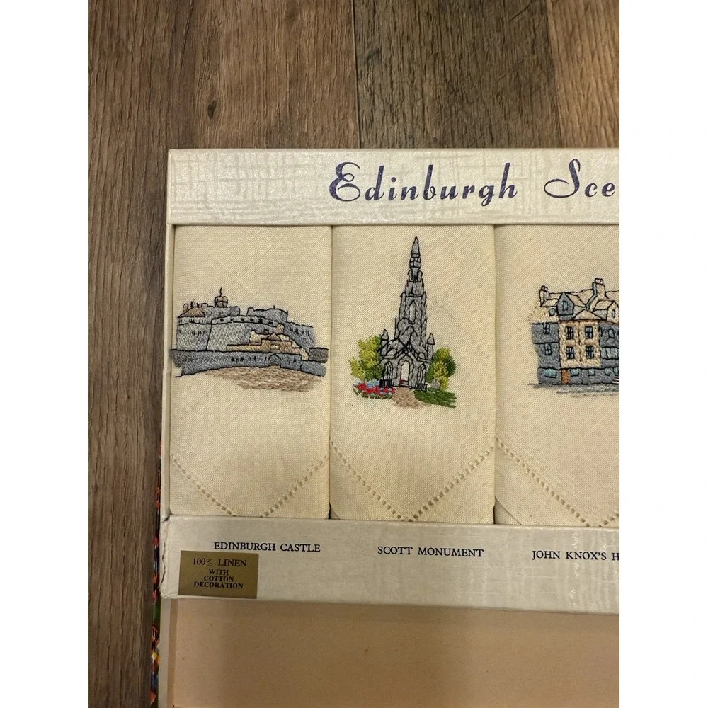 Vintage Set of 4 Edinburgh Souvenir Tea Towel ‎ 100% Linen NIB